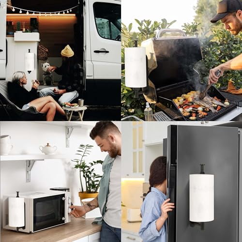 One Hand Operated Magnetic Paper Towel Holder with Self Adhesive & Strong Magnetic Backing for Kitchen, Refrigerator, Grill, RV - Easy Wall Mount, Black