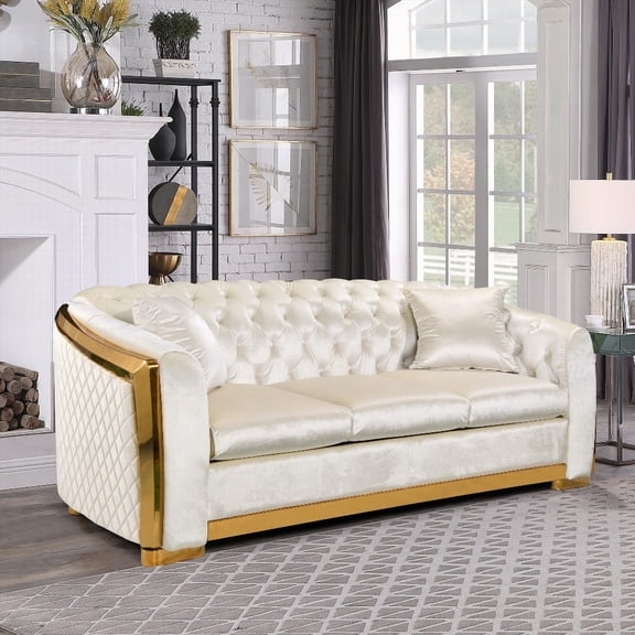 Modern Luxury Chesterfield Sofa Set, 84 Inches Tufted 3-Seat Couch with Gold Accents in Beige Fabric