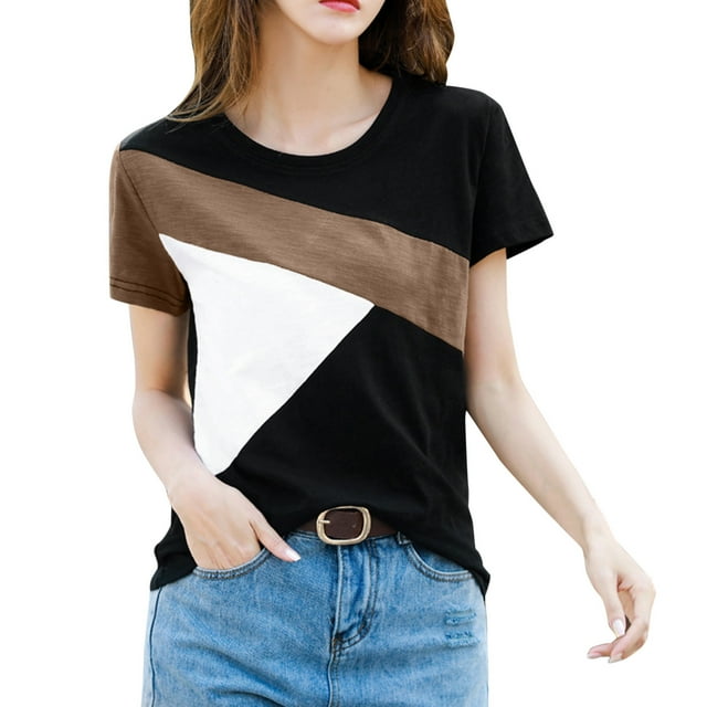 B91xZ Blouse Mode Grande Taille pour Femmes T-shirt Imprimé Ample Manches Courtes Col Rond Hauts Décontractés, Café m