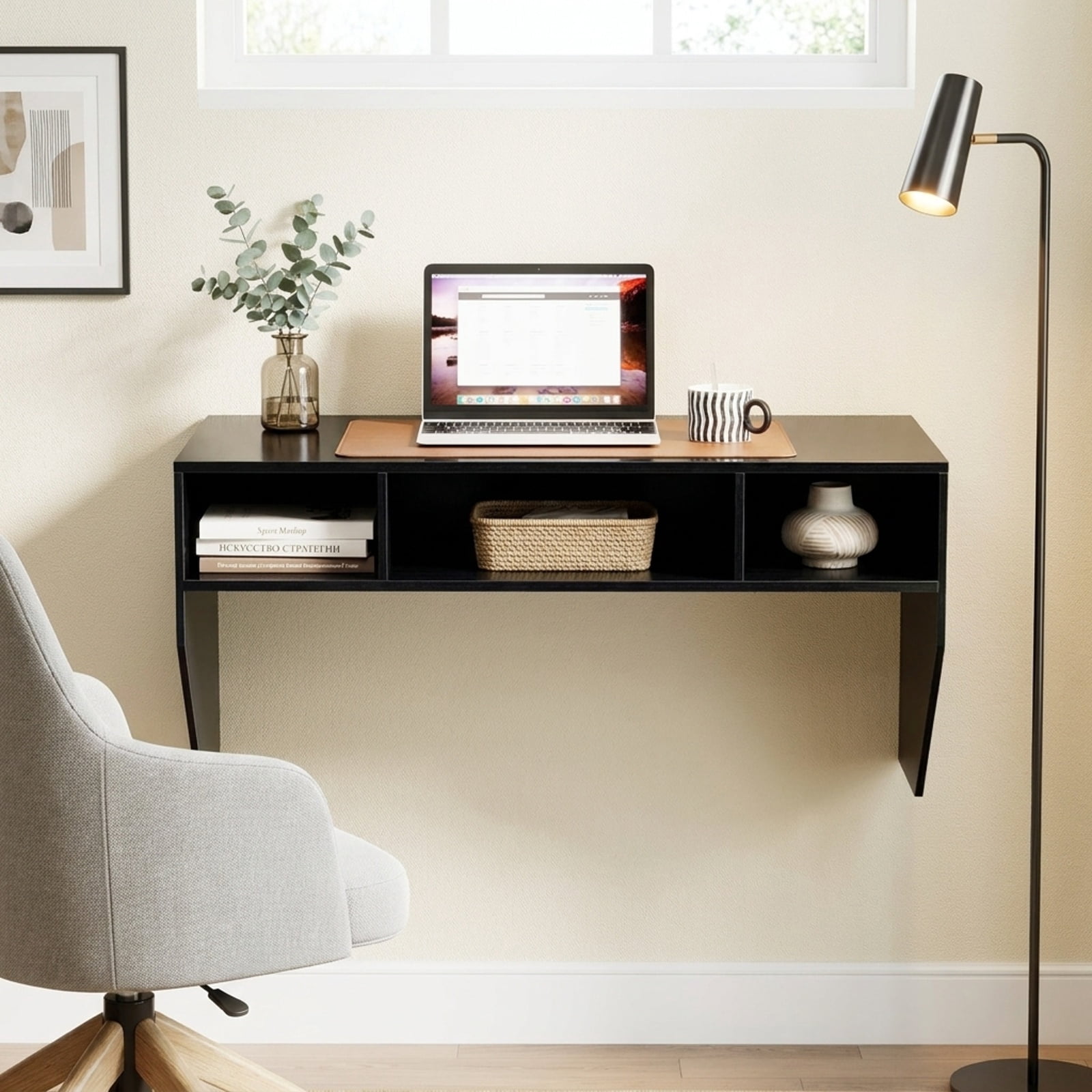 Furnibear Wall-Mounted Computer Desk Floating Laptop Desk with 3 Storage Compartments for Home Office Study Computer Writing Workstation, Black