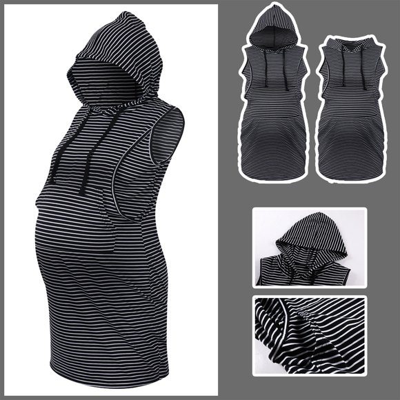EGNMCR Robe pour Femmes, Robe à Manches Courtes à Encolure Carrée Longueur Genou Vêtements pour Femmes Enceintes Allaitement Robe à Capuche Rayée avec Poche Robe pour Femmes Enceintes