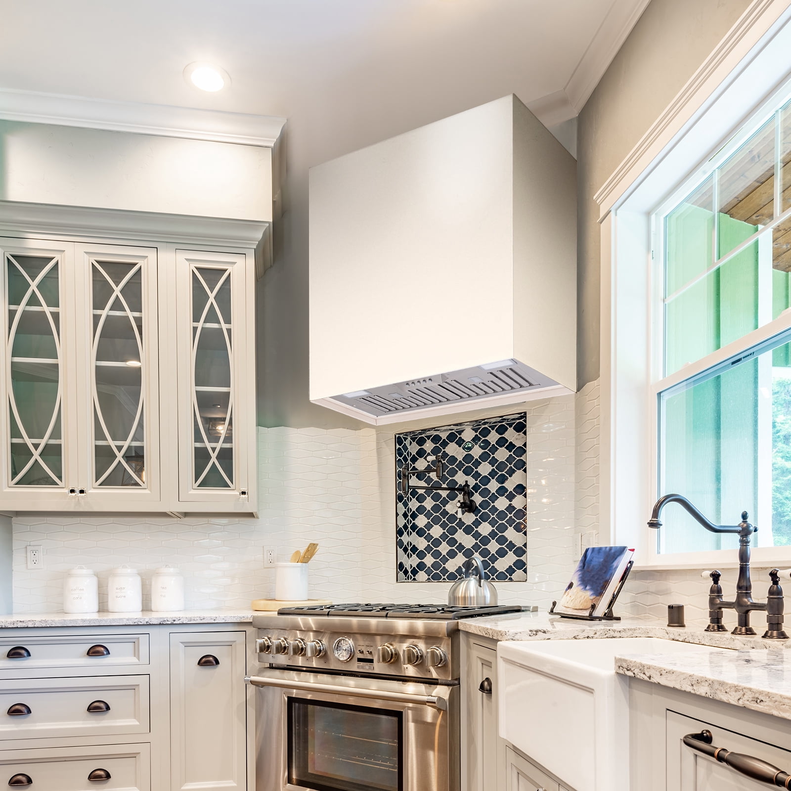 Akicon Stainless Steel Range Hood, Modern Box Ducted Kitchen Hood with Powerful Vent Motor, Wall Mount, 30"W*30"H*14"D, Signal White