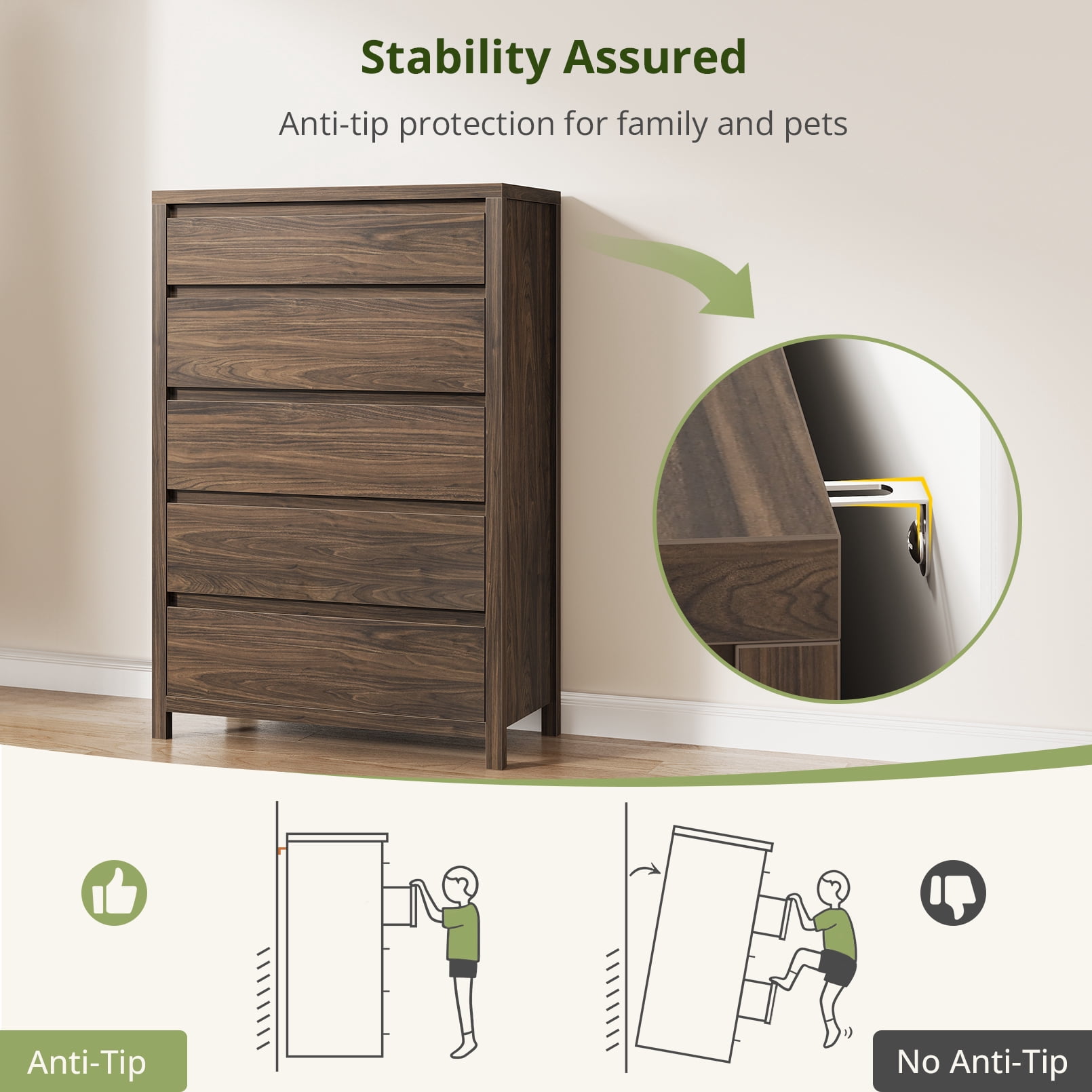 5 Drawer Dresser for Bedroom, 48" Tall Wooden Closet Dresser with Smooth Drawer, Large Tall Dressers & Chests of Drawers for Bedroom Living Room, Walnut Dresser