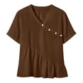 thumbnail image 2 of Craaazy Women's Plus Size Versatile Solid Color Cotton Linen V-Neck Short Sleeve T-shirts with Ruffle Trim for Daily Wear, 2 of 7
