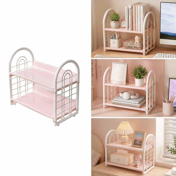 Liujiale Double Layer Desktop Storage Rack Desk Bookshelf Organizer, 2 Tier Hollow Tabletop Shelf for Dormitory Office, Pink