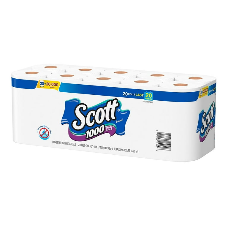 Scott 1000 Toilet Paper, Septic-Safe, Long Lasting, 20 Rolls, 1,000 Sheets  per Roll