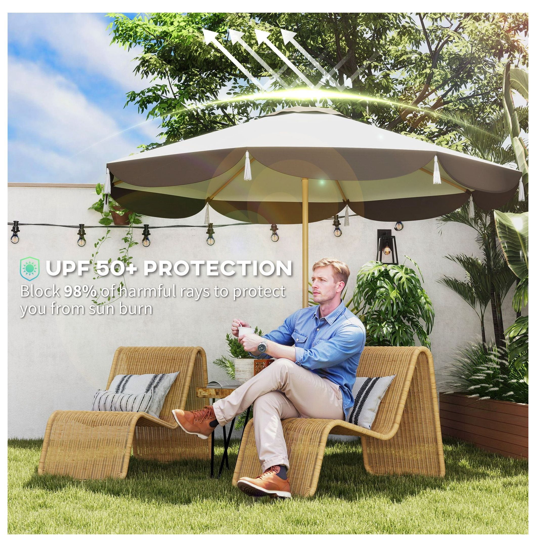 9FT Patio Umbrella, UPF 50+ Outdoor Market Umbrella - Vented, 8 Ribs, Cream White for Deck, Backyard, Lawn