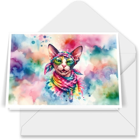 Hippie Sphynx Portrait Watercolor Tie-Dye Vintage Styles 7x5in Folded Greeting Card Cat Lover Kitten Owner Gifts Idea Single Note Card with Envelope - 00014