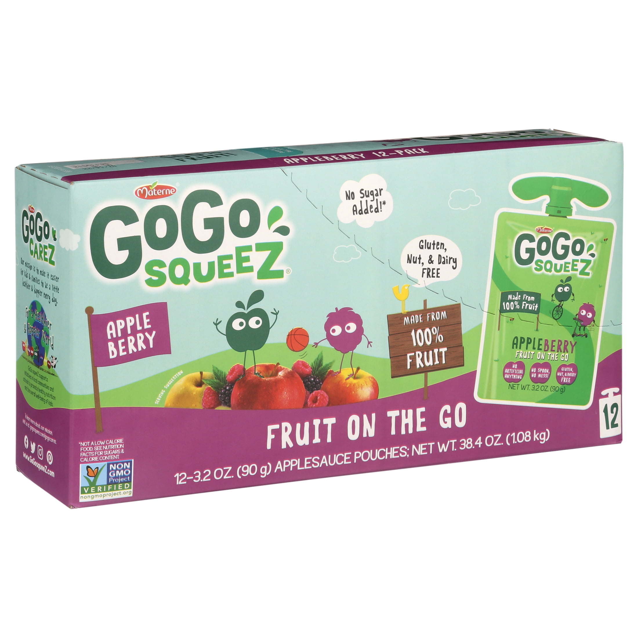 (12 Pack) GoGo Squeez Apple Berry Applesauce Snack Pouch, 3.2 oz, 12 Pack