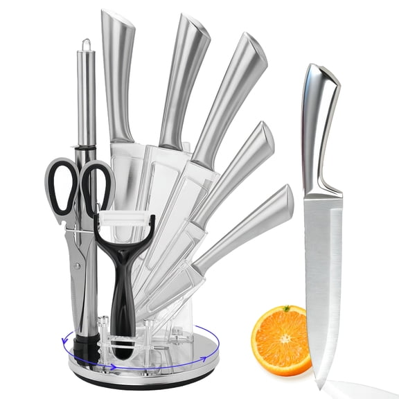 REDUSK 9 Piece Stainless Steel Kitchen Knife Set with Sharpener, Premium Knife Block Set with 360° Rotating Base , Anti-Slip Ergonomic Handle, Dishwasher Safe, Sliver