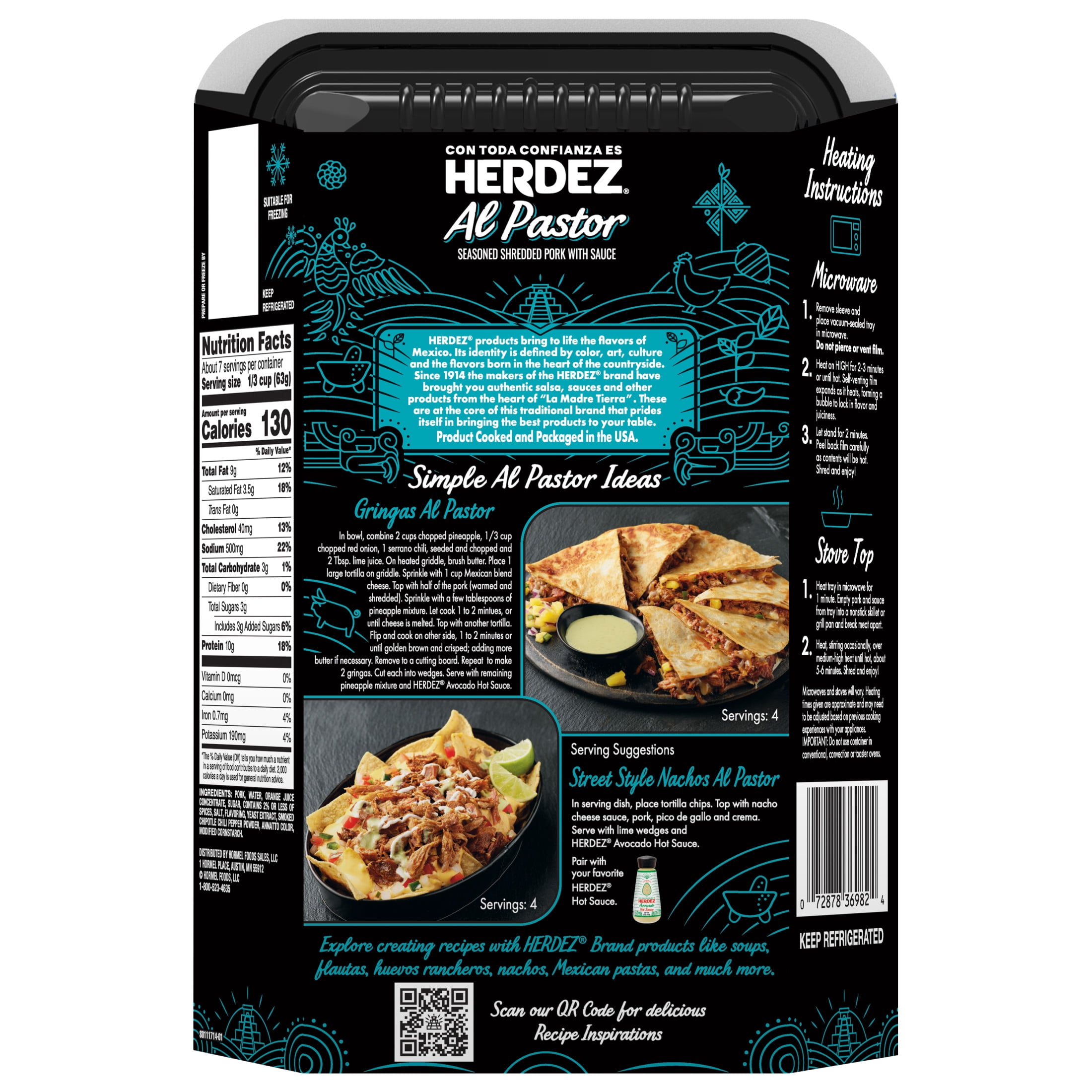 HERDEZ Al Pastor Seasoned Shredded Pork, Microwaveable Entree, 15 Oz Tray