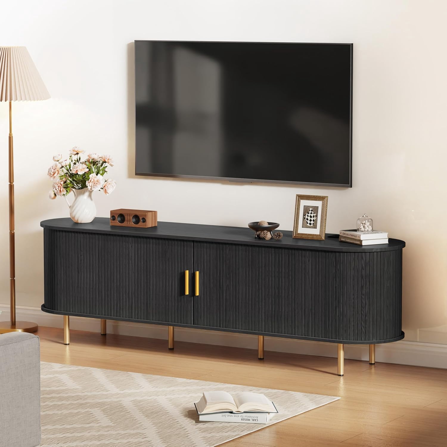 TV Stand with Power Outlet for TVs up to 75 Inch, Modern Entertainment Center with Storage, Adjustable Shelves & Sliding Doors, Media Console for Living Room Bedroom (Black, 71 Inch)