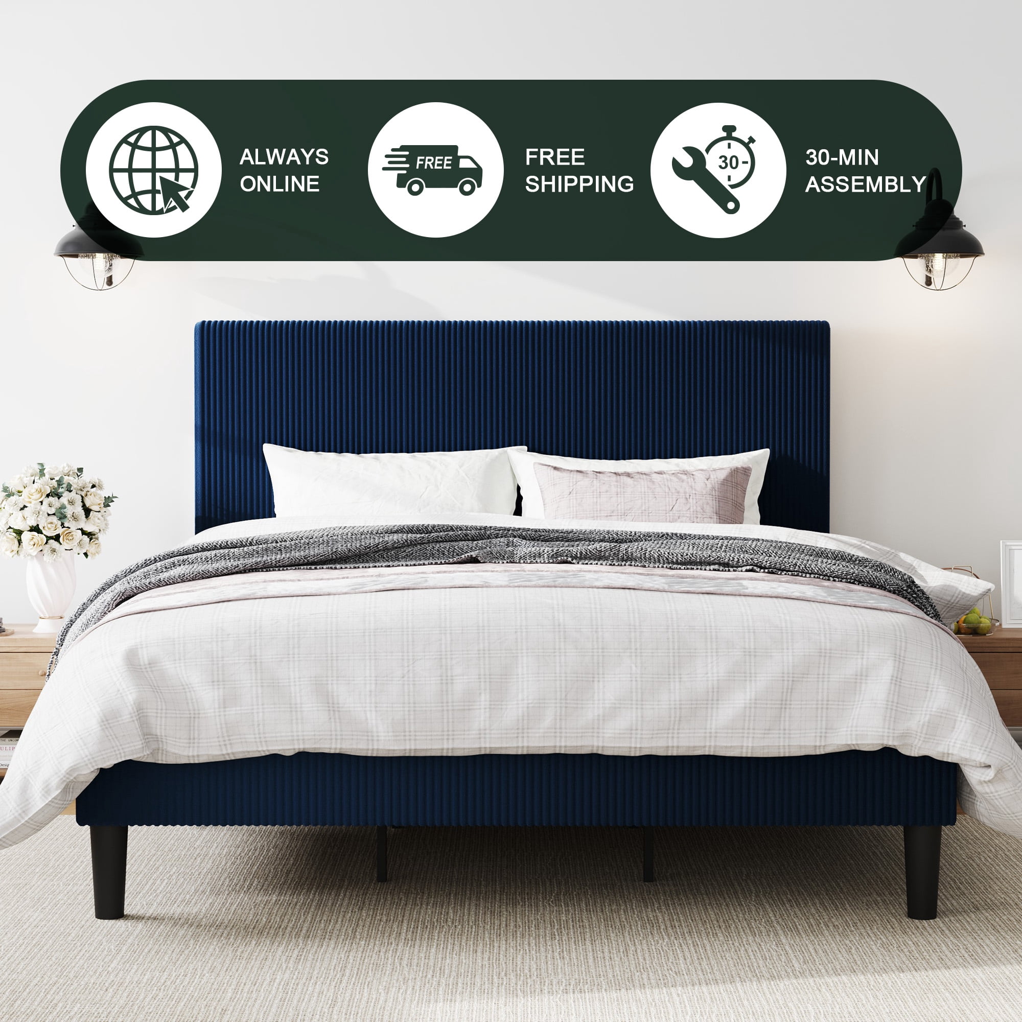 Amolife King Size Platform Bed Frame with Corduroy Fabric Upholstered Adjustable Height Headboard, Dark Blue