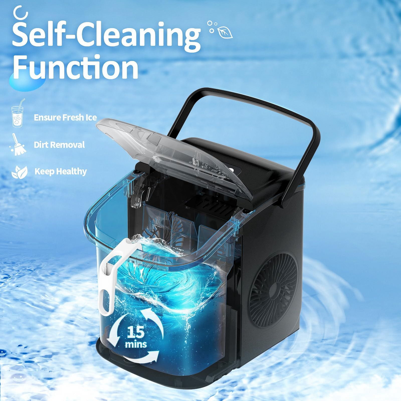 YUKOOL Countertop Ice Maker with Handle Portable Ice Maker, 26lbs/24 Hours, 6 Minutes/9 Ice Cubes, S/L Bullet Ice, Self Cleaning, Suitable for Home, Kitchen, Office, Leisure Area(Black)