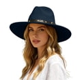 thumbnail image 2 of Timeless Fedora Hat For Everyday Leisure – Wide Brim Jazz Style With Ethnic Design Flat Unisex Fashion Headwear Cowboy Hat, Navy, 2 of 5