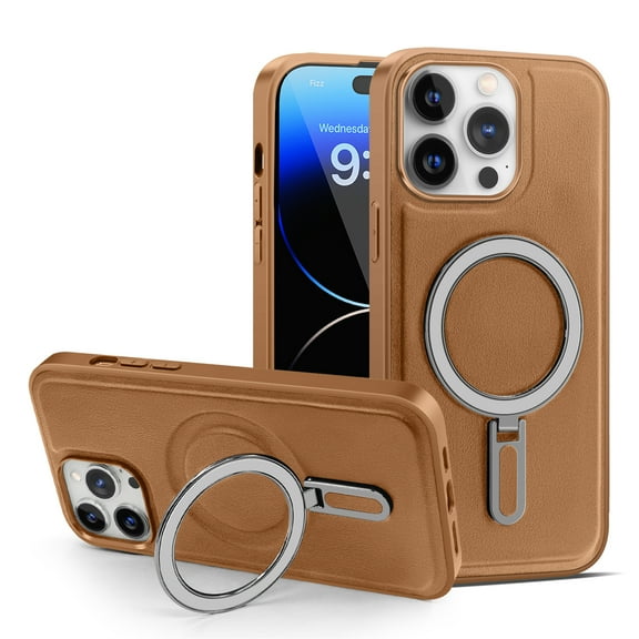 Cover for iPhone 14, Case with Magnetic Invisible Stand,Compatible with MagSafe,Slim Shockproof Anti-Scratch Protective Ring Holder Case Cover, brown