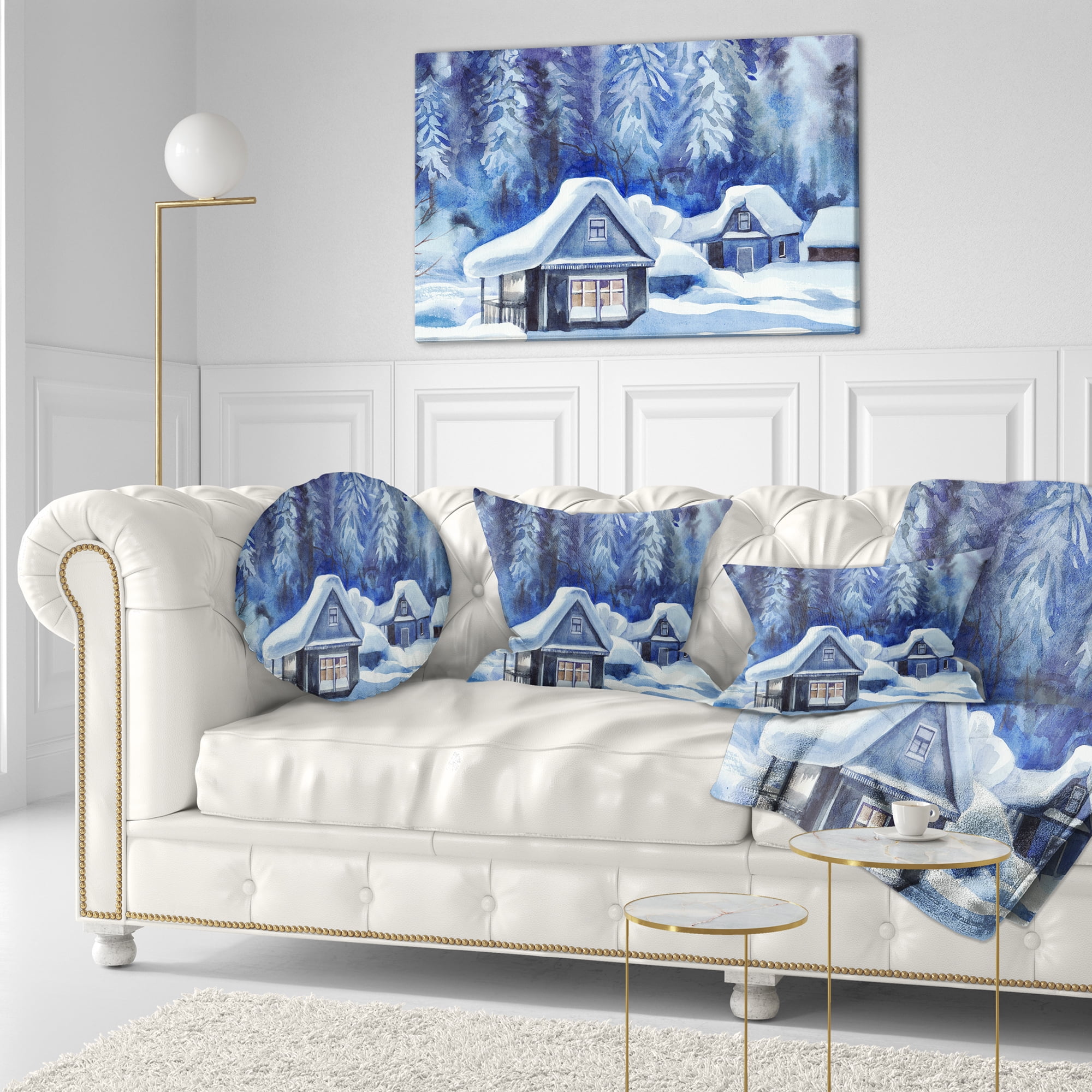 Designart Blue Winter Cottages - Landscape Printed Throw Pillow - 12x20