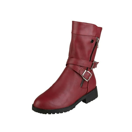 

Hvyesh Women s Casual Low-Heeled Round-Toe Boots Artificial Leather Buckle Side Zipper Boots boots boots women womans boots
