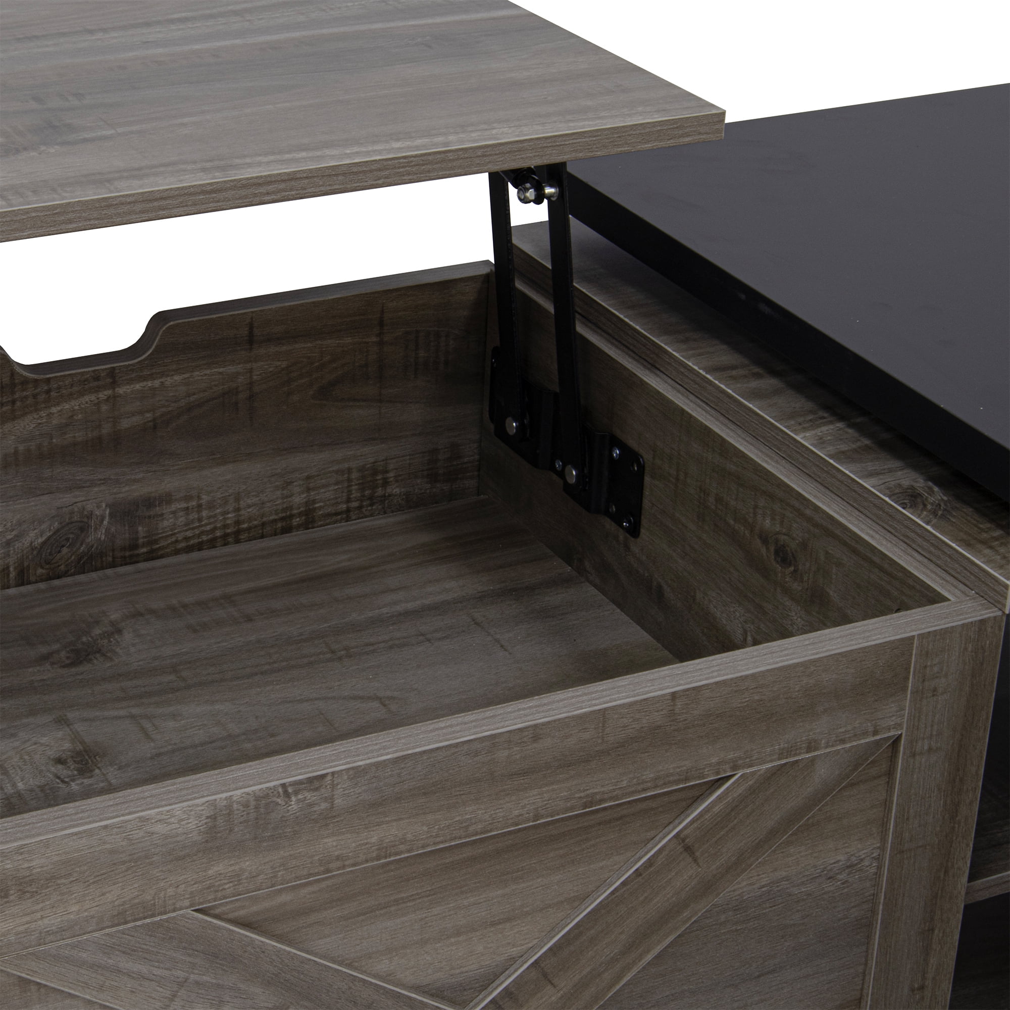 Leumius Lift Top Coffee Table with Storage,Rectangle Wood Center Table With Barn Doors and Open Cabinet, For Living Room, Bedroom, Home Office,Brown+Black