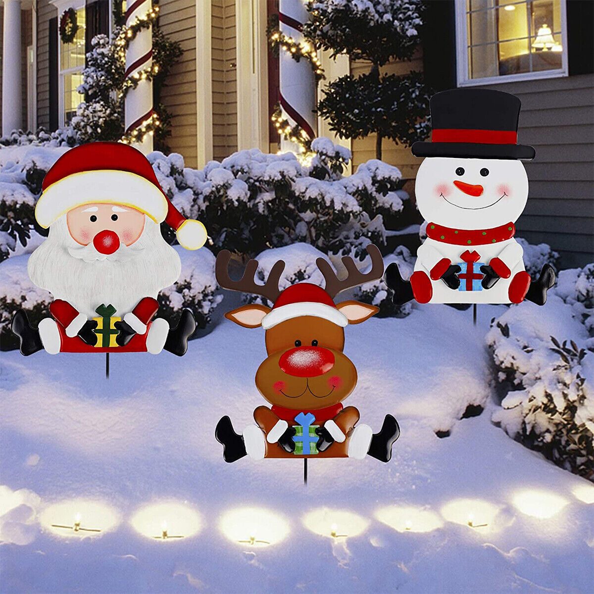 3PCS Christmas Yard Signs Stakes Santa Claus Elf Outdoor Decor with LED Lights