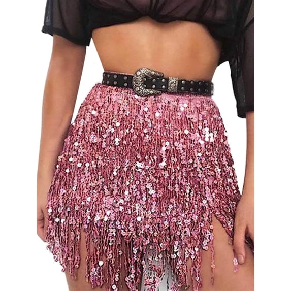 Dewadbow Women Sequin Fringe Skirts Belly Dance Sparkly Tassel Tutu Skirt