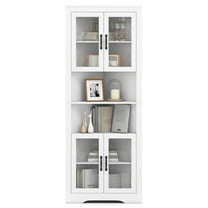 RTRWDC furniture white corner storage cabinet with 4 grooved tempered glass doors, 2 open compartments, and 2 double door cabinets with adjustable shelves and anti tipping devices, suitable for