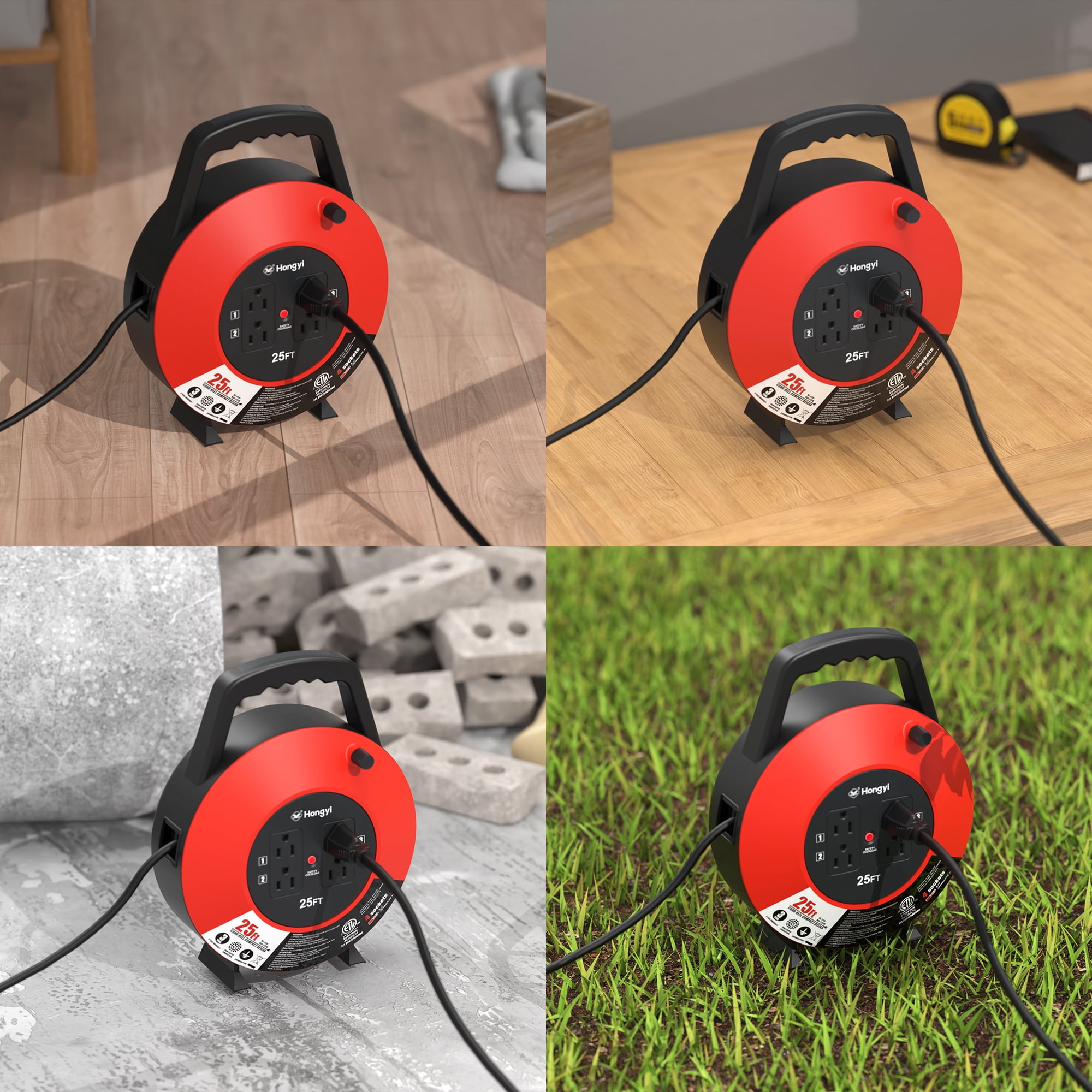 Hongyi 16AWG x 3C 25ft 4-Outlet SJT Extension Cord Reel, Red
