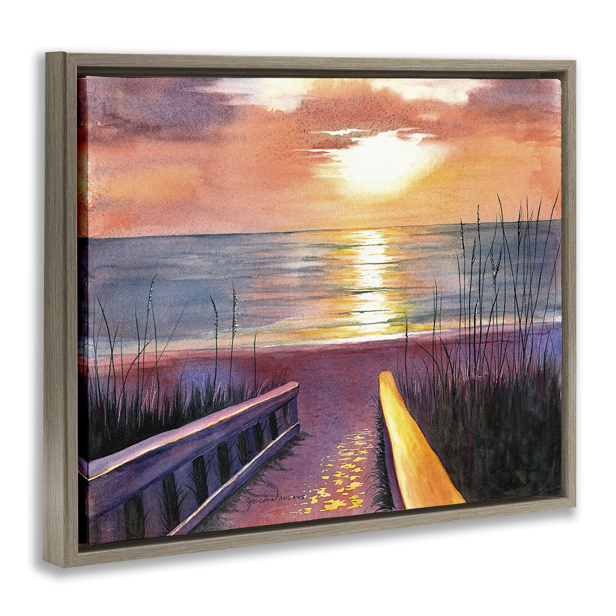 Stupell Industries Sea Sunset Reflection Landscape Painting Brown Floater Framed Canvas Art Print Wall Art, 21 x 17