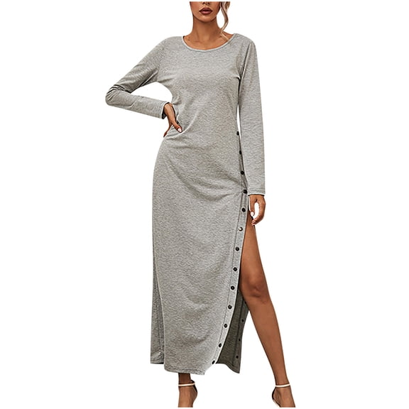 LYXSSBYX Fall Dresses for Women Long Sleeve Hot Sale Clearance Women Fashion Solid Color Long Sleeve Split Buttons Casual Long Dress
