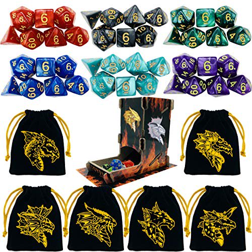 TOYFUL 6 juegos DND Dice Poliédrico Dungeons and Dragons DND RPg MTg Juego de mesa Dice Bulk con seis bolsas con cordón gratis y D&D Dice Tower Negro TOYFUL 670046244012