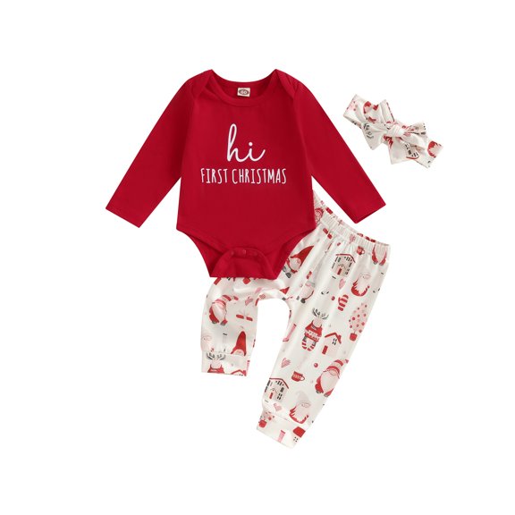 LMLYSoH Baby Girls 3Pcs Christmas Outfits Long Sleeve Romper Pants Headband Set Infant Clothes
