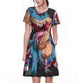 thumbnail image 1 of Easygdp Blue Dinosaur para Vestido Transpirable de Mujer, Vestido Suelto de Manga Corta con Pliegues y Bolsillos para el Verano, 1 of 6