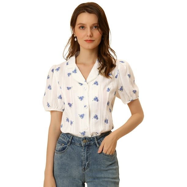 Blusa con estampado semitransparente para mujer con cuello de muesca y camisa elegante con botones blanco S