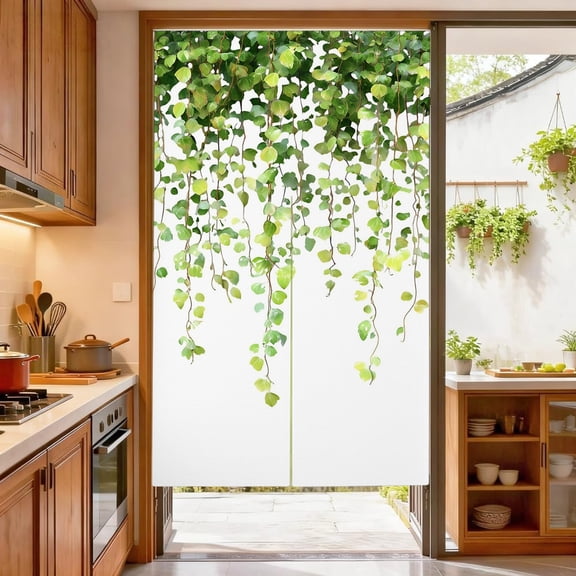Green Eucalyptus Leaves Noren Japanese Curtain Doorway Curtain,Watercolor Flower Green Leaf Door Tapestry,33.5" W x 59" L