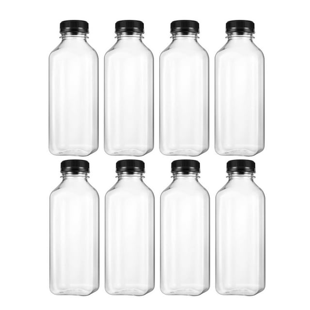 8 botellas vacías de plástico PET con tapas para bebidas, zumos y zumos (tapas negras)