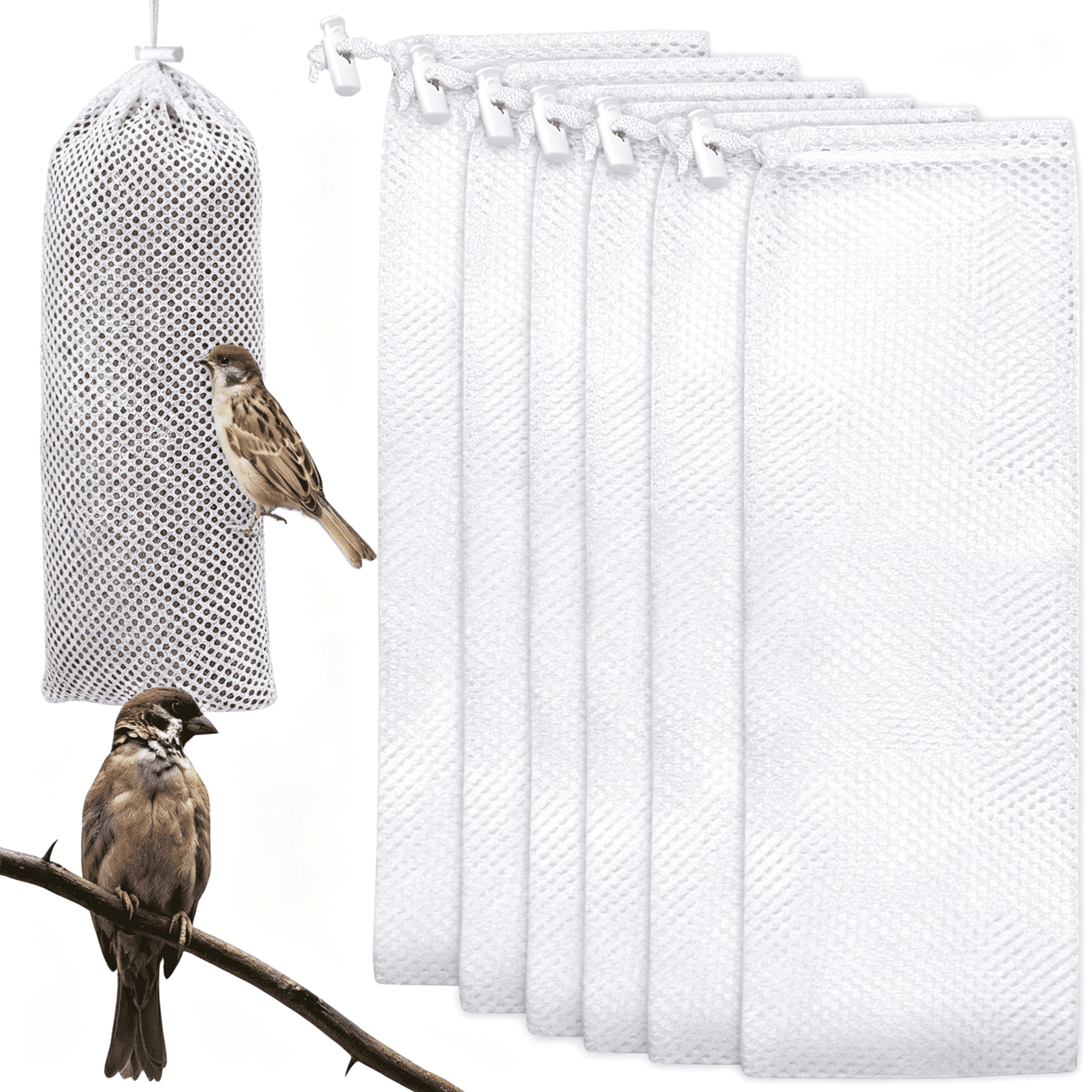 GJX 6 Pieces Finch Sock Feeder,Sturdy Thistle Sock Feeder Wild Bird Food Feeder Seed Sack Supply Tools Hanging Kits for Wildlife Goldfinch Feeding Garden Yard Outdoor,White,4.7 X 11 Inch