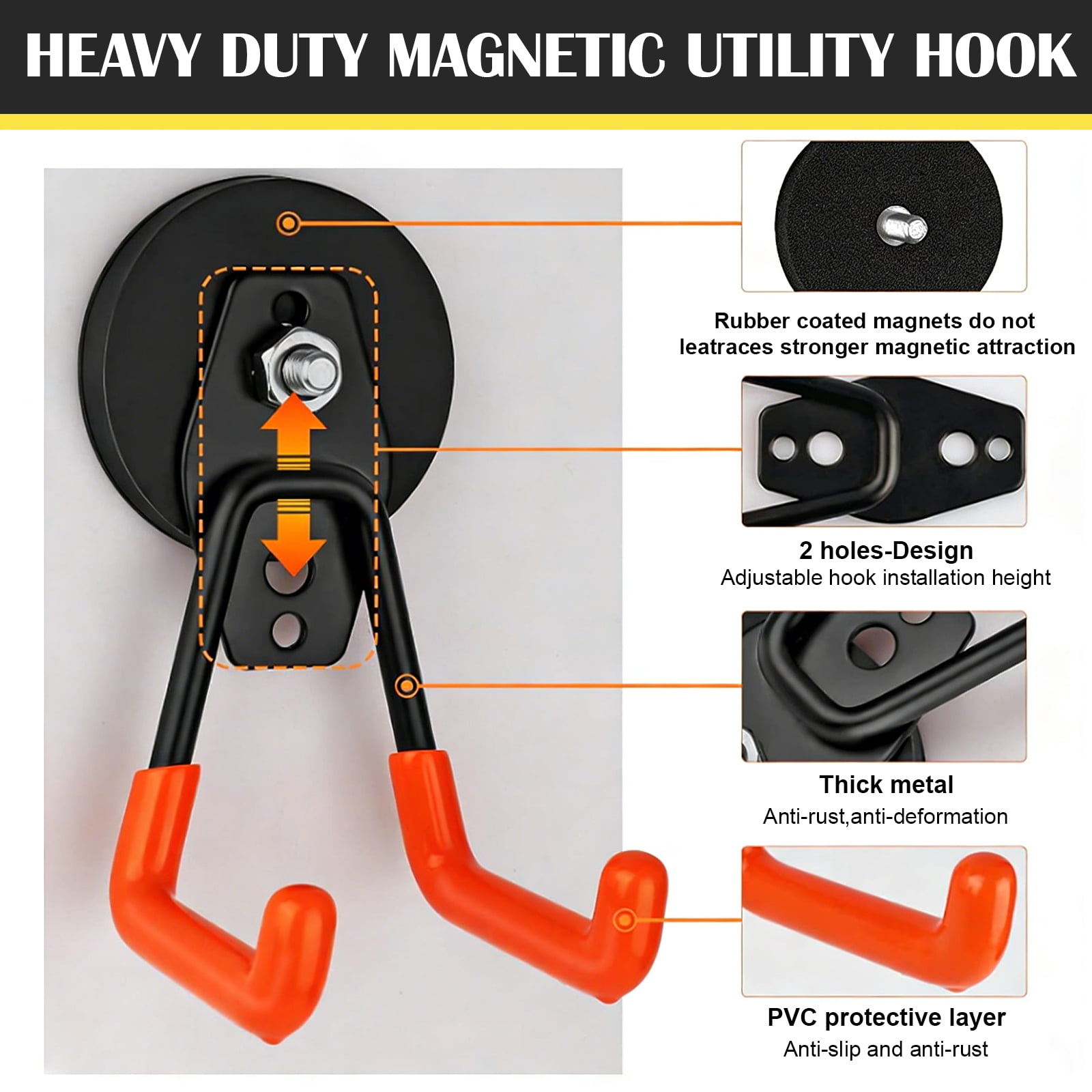RULLINE  4 Pack Heavy Duty Magnetic Hooks - Strong 2-in-1 Dual Hook Design, No Drill Installation with Thick Rubber Coating for Garage, Workshop & Kitchen Tools, Indoor/Outdoor Storage (Orange)