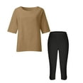 thumbnail image 3 of Fmbrln Womens Summer 2 Piece Sets Casual Crew Neck 3/4 Sleeve Linen Tops and Elastic Waist Capri Leggings Sets Athletic Workout Sets Lounge Sets Khaki L, 3 of 5