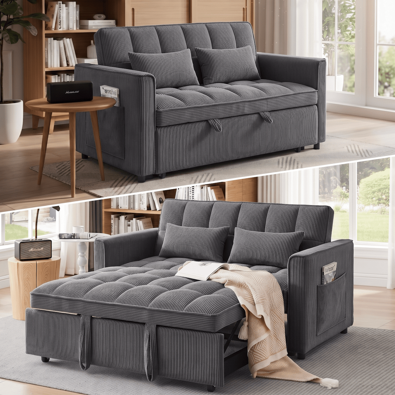 Xiweot 54" Sleeper Sofa Bed, Convertible Pull Out Couch for Living Room Apartment, Velvet Futon Loveseat Sofa Bed with Adjustable Backrest, Side Pockets, 2 Pillows, Easy Assembly (Dark Gray)