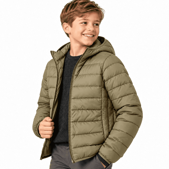 Khaki Teen Boys Lightweight Padded Jacket Size 11-12 Years, Hooded Full-Zip Winter Warm Coat with Side Pockets for Casual Layering and Outerwear Clothes
