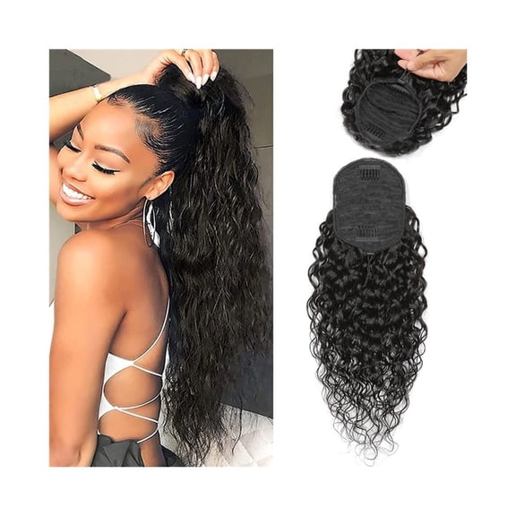 Indian Remy Hair Water Wave Ponytail Hairpiece 8-28 Inch Human Hair Drawstring Ponytail Clip in Hair Extensions