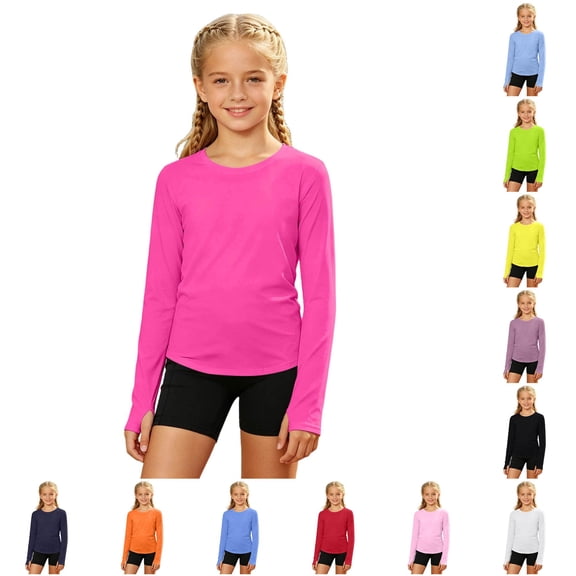 Krdevn Girls Long Sleeve UPF 50 Sun Protection Athletic Shirt Finger Holes Sports Tee,7-8 Years