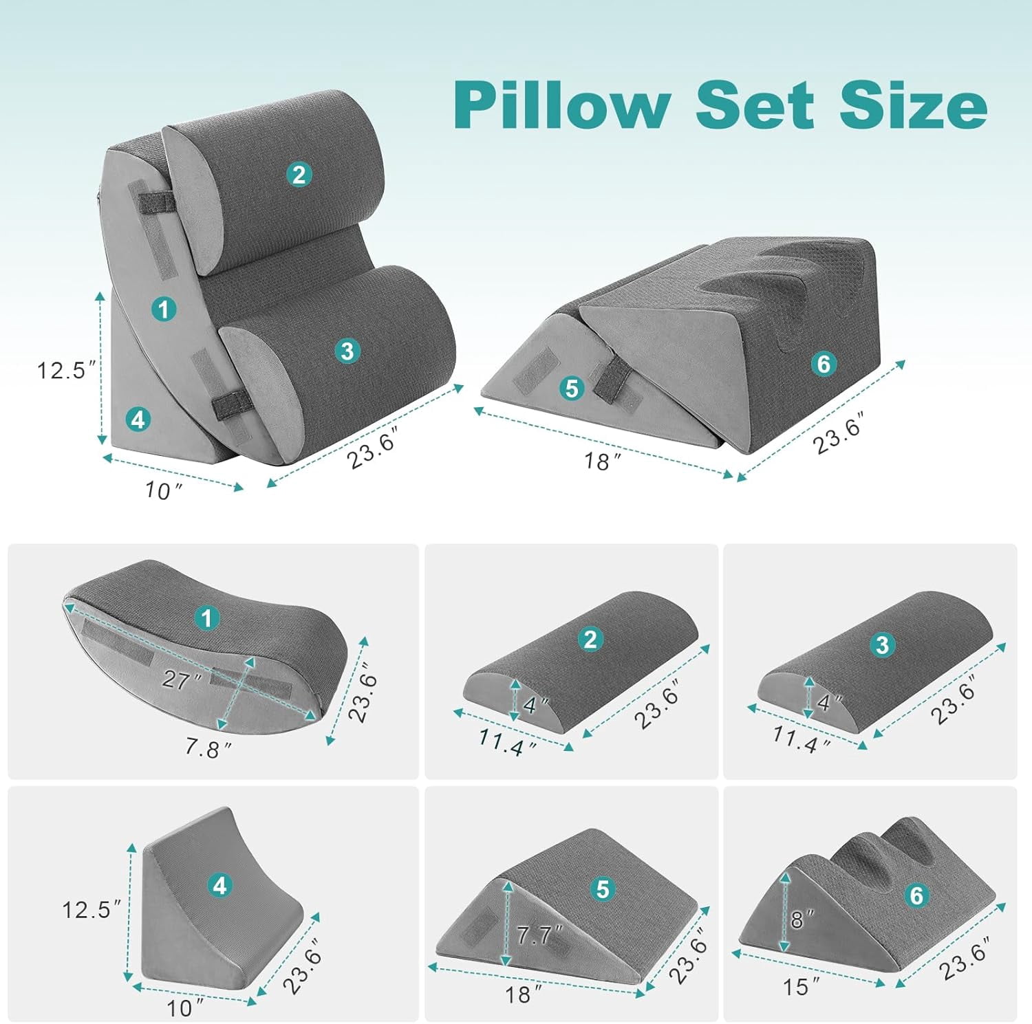 6PCS Orthopedic Bed Wedge Pillow for Sleeping, Adjustable Post Surgery Pillow Set for Body, Back and Leg Pain Relief, Memory Foam Support Pillows for After Surgery, Grey