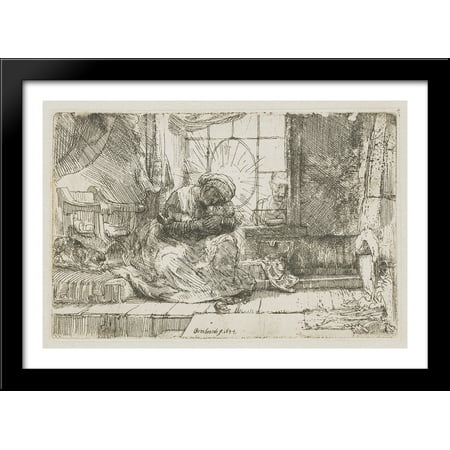 Rembrandt Cat Charm - The Virgin and the child with the cat and snake 40x28 Large Black Wood Framed Print Art by Rembrandt
