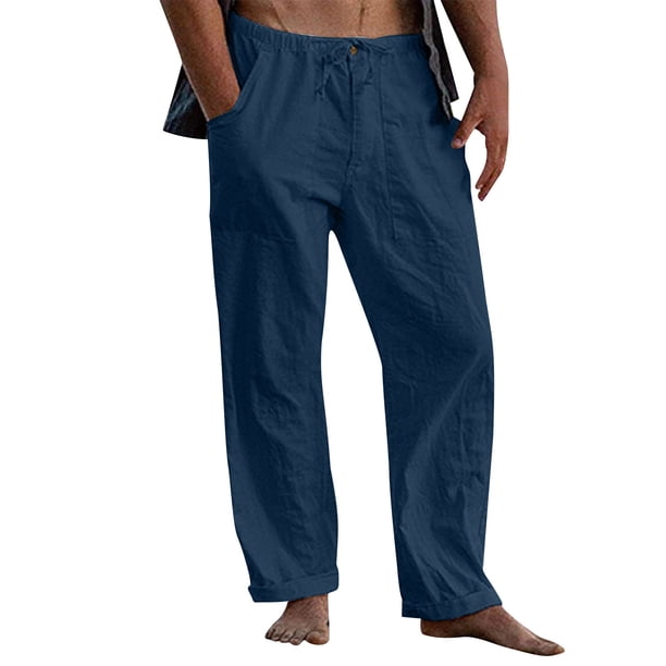 Pantalones Casuales de Color Sólido de Verano de Moda Mezcla de Lino de Poliéster para Hombres