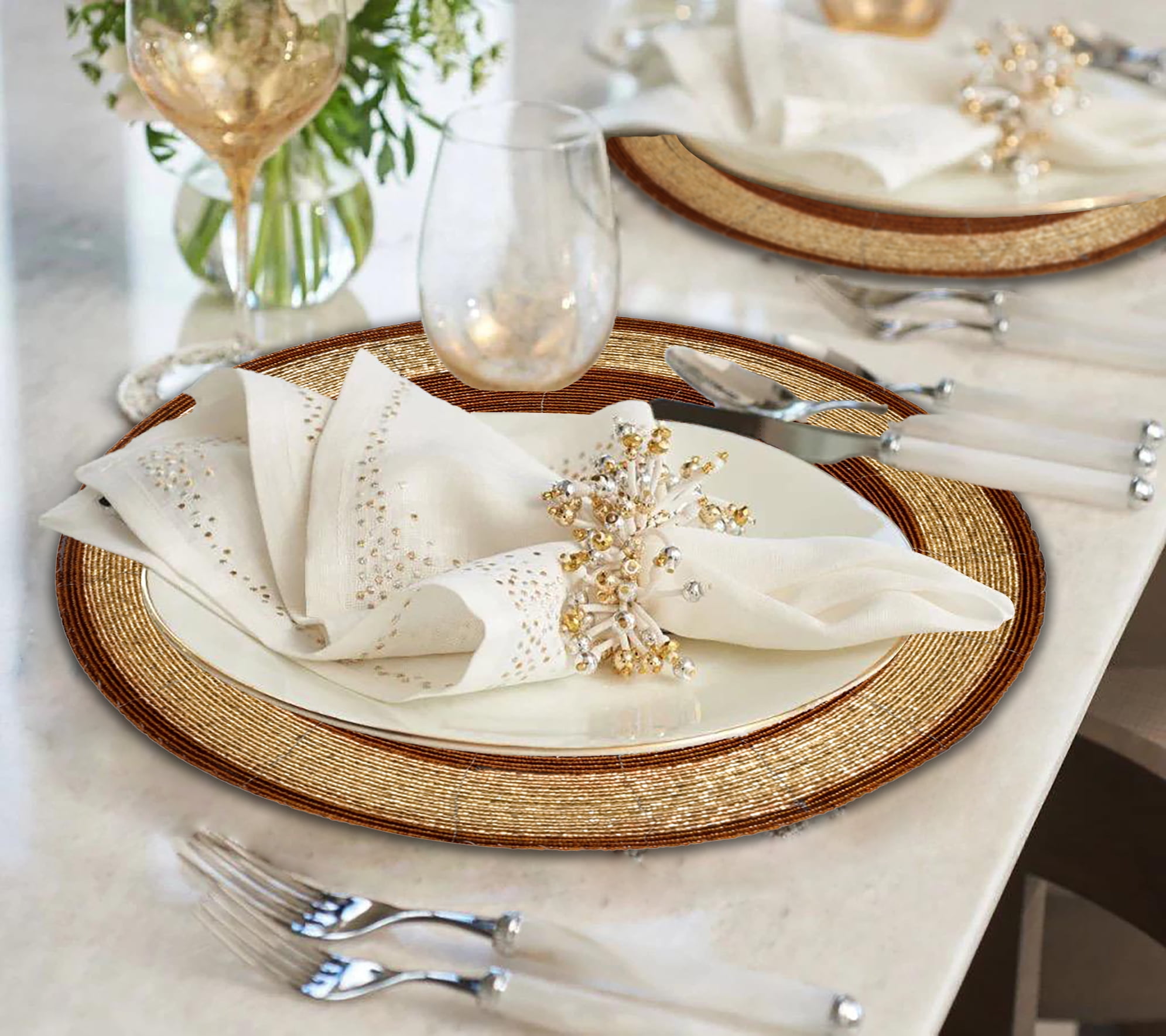 Beaded Placemats Set of 8 for Dining Table, Table Placemats, 14 Inches Round - Brown Gold
