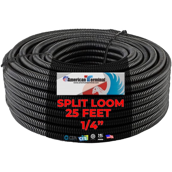 American Terminal 25 Ft 1/4" Split Wire Loom Conduit Polyethylene Tubing Black Color Sleeve Tube