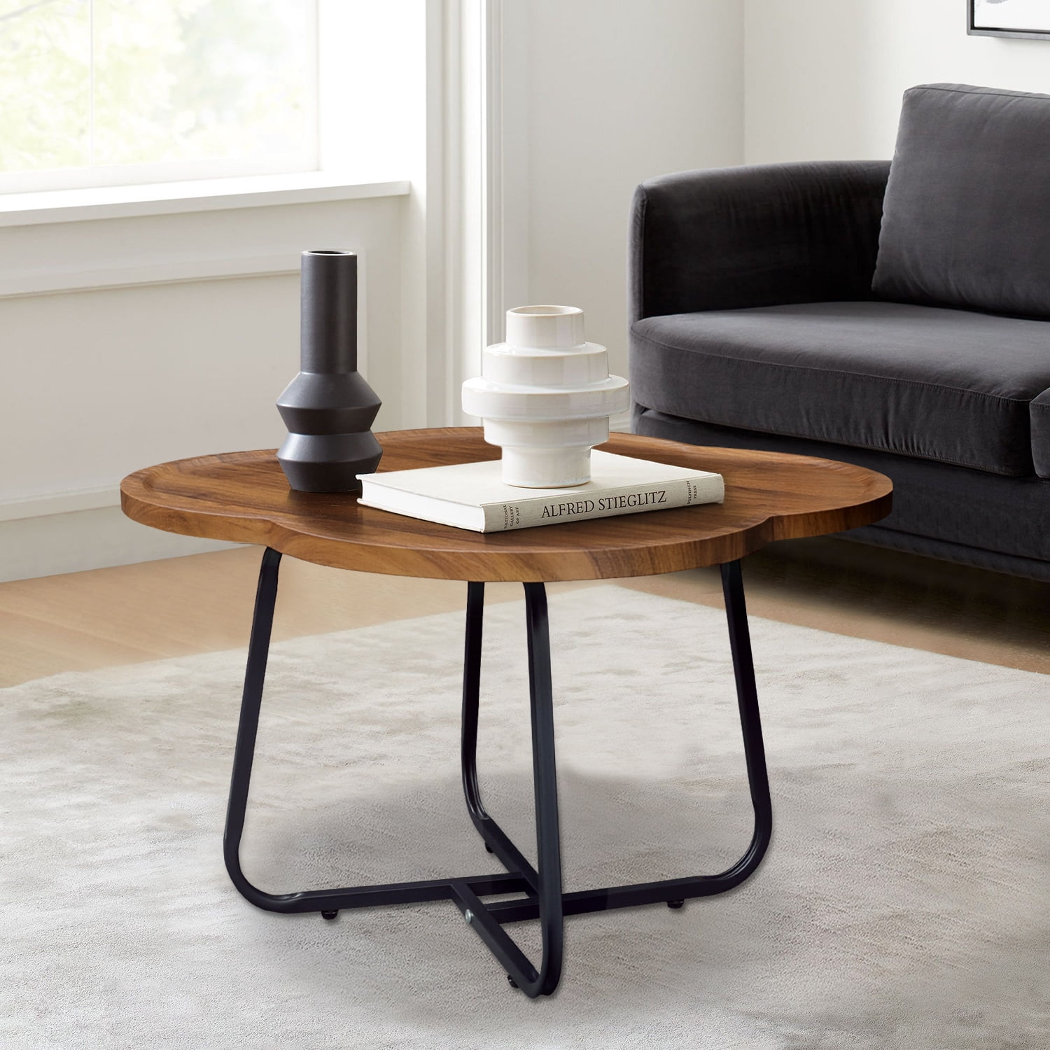 CERBIOR Vintage Modern Small Round Coffee Table, Living Room Centerpiece, Wooden Surface Top & Sturdy Metal Legs, Minimalist Display Side Table (Wood Flower)