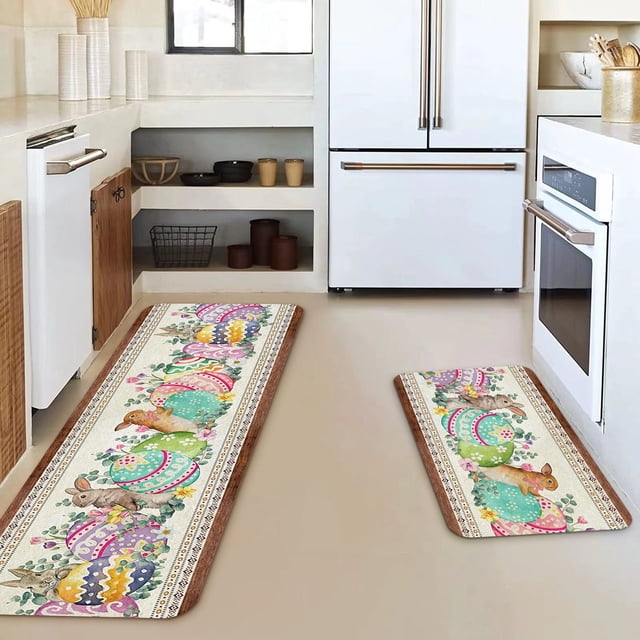 2Pc Easter Kitchen Mats Sets,Happy Easter Carpet,Easter Door Mats/Outdoor Welcome Mats,Easter Rabbit Eggs Colorful Wood Plank Kitchen Rug Non-Slip Washable Runner Carpets for Easter Decorations