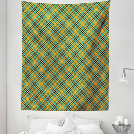 Checkered Tapestry, Scottish Style Plaid Pattern Tartan in Modern Colors Diagonal Look, Fabric Wall Hanging Decor for Bedroom Living Room Dorm, 5 Sizes, Sky Blue Marigold Grey, by Ambesonne